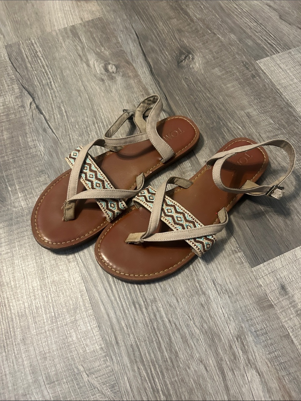 Toms Brown Leather Sandals with Taupe Embroidered Straps